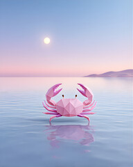 Polygonal Pink Crab in Serene Ocean at Sunrise