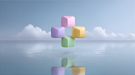 Floating Geometric Shapes Over Serene Water Surface with Clouds