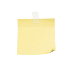 Yellow sticky note with tape and curled corner, isolated on transparent background isolated on transparent background
