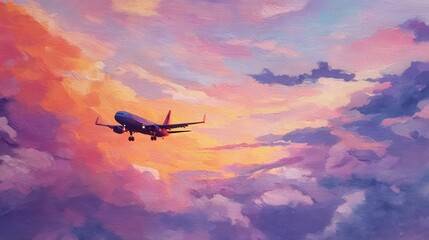 Airplane flying through colorful clouds sunset