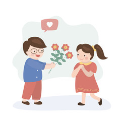 Handsome boy gives flowers to happy girl. Cute kid boy give bouquet to friend. Holiday celebration, relationship. Dating, couple. Funny characters