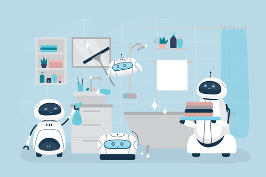 Robot assistants work at home. Automated helpers cleaning bathroom. Smart ai machines or appliance for people. Bathroom or restroom interior with furniture.