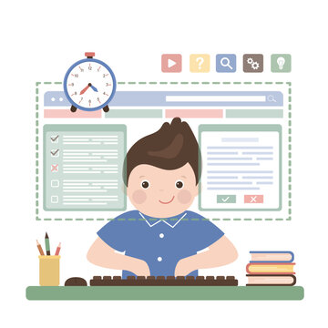 Smart schoolboy uses computer. Search for information on Internet. Small student is studying using computer and online technology. Caucasian boy at workplace, front view.
