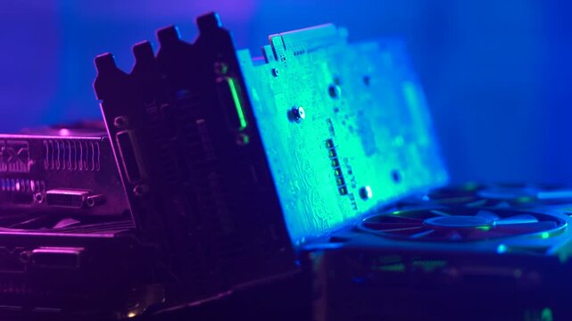 Graphic Cards, Close Up. Computer Gaming and Cryptocurrency Mining Hardware