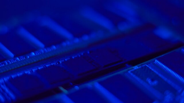 Computer Ram Memory Modules in Blue Light, Macro Close Up