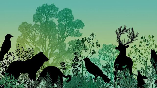 Diverse Wildlife Silhouette Against Gradient Forest Background With Various