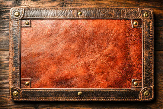 Distressed brown leather panel with stitched border and brass rivets for vintage design