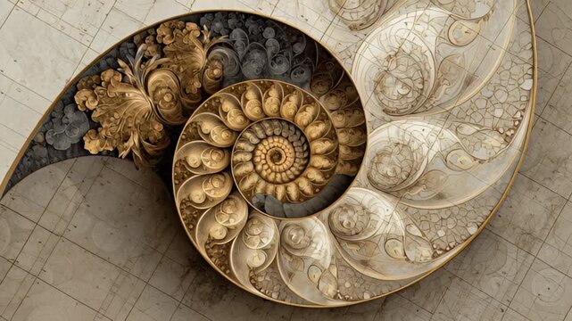 Golden Nautilus Shell Spiral Macro Detail With Textured Background
