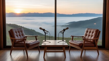 Modern podcast interview setup with two chairs and microphones facing a panoramic mountain and foggy valley view at sunrise