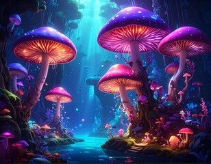 Enchanting luminous mushroom landscape, bathed in radiant, mystical light