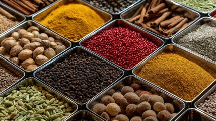Assortment of vibrant aromatic spices in metal containers