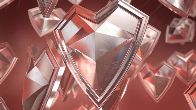 Numerous Gleaming Metallic Heart Shaped Shields Suspended in Soft Red Haze