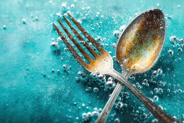 Crossed stainless spoon and fork underwater with bubbles and caustic light on turquoise