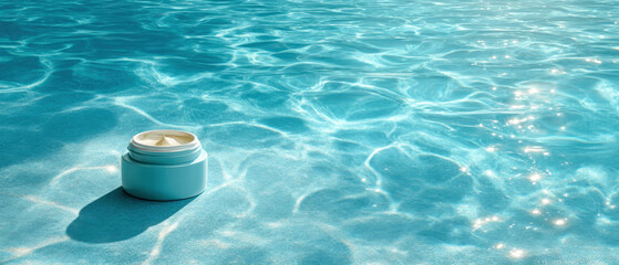 Unbranded cosmetic jar floating on blue pool water with sunlit tile reflections