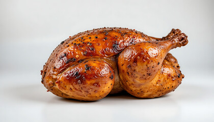 Whole roasted chicken against white background