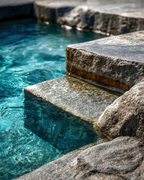 Geometric soap bar on stone pool shelf, partial submersion and caustic patterns