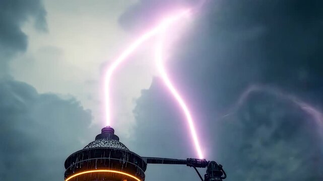 Lightning strike hitting industrial power tower during severe storm with dramatic sky, high voltage energy discharge and extreme weather conditions