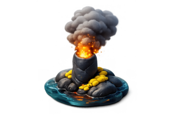 Underwater volcanic vent emitting fiery smoke surrounded by rocks and water