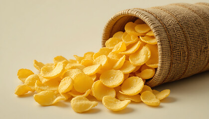 Crispy potato chips spilling from burlap sack isolated PNG, golden snack food for party and picnic on transparent background
