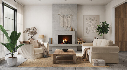 Obraz premium Modern wabi-sabi interior design with fireplace, atural light and boucle furniture, 3d render