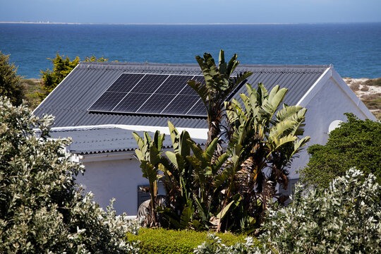 Solar panels on houses at Yzerfontein, Western Cape, South Africa.