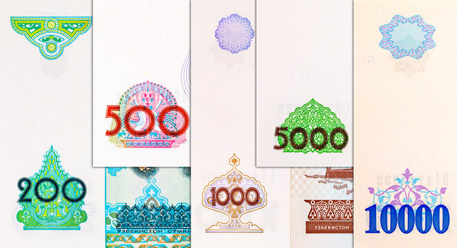 Som Uzbekistan banknotes of various denominations. Paper Money of Uzbekistan.