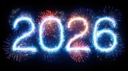 Celebrate New Year 2026 with modern neon design numbers and fireworks in a bright display for events, calendars, and social media promotion