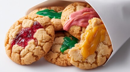 Overhead view of colorful fruitfilled cookies with vibrant glazes in a white pouch on a bright studio surface, playful and tempting with a fresh, sweet appeal