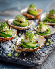 Shell-less oysters with cucumber granita and lemon pearls arranged on cold stone slab