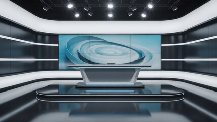 News studio with a modern desk, a large video wall displaying abstract blue graphics, and futuristic architecture.