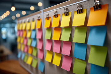 Colorful sticky notes arranged in a weekly heatmap pattern on office board