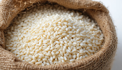 white rice in burlap sack natural food harvest grain isolated on white