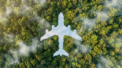 Aerial view of a lush green forest with a clearing in the shape of an airplane, conceptual image representing sustainable aviation and eco-friendly travel in nature