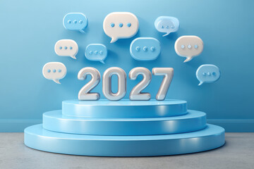 Futuristic Silver Podium with 2027 Text and Floating Chat Bubbles on Blue Gradient Background