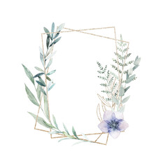 Watercolor wedding vintage wreath with eucalyptus branches. Hand drawn floral  illustration on white background.