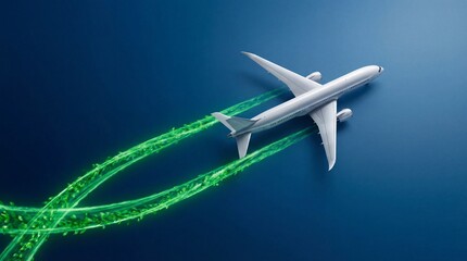 White airplane flying with glowing green leaf trails on a blue background, representing sustainable aviation and eco-friendly travel for environmental conservation