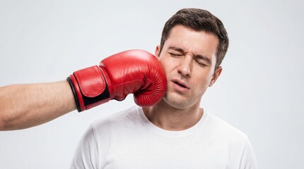 Young adult man getting punched in the face by a red boxing glove against a plain background, concept of sudden impact, failure, and conflict for sports or business metaphors