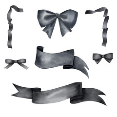 Watercolor black  bow set.  Hand drawn isolated illustration on white background.