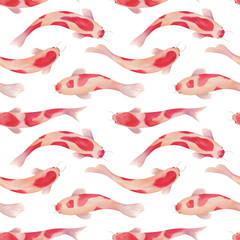Watercolor seamless pattern with koi fish. Hand drawn illustration on white background