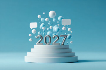 Colorful 3D 2027 Text on Podium Surrounded by Floating Message Bubbles in Digital Art