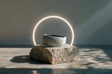 Minimal VR headset on ceramic block with brushed aluminum halo in soft studio light