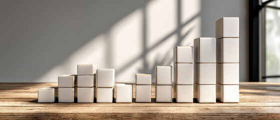 Ceramic tiles arranged as bar chart on wooden table, crisp daylight and copy space