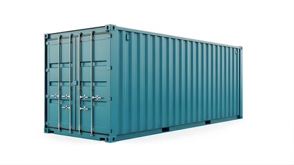 Teal Blue Shipping Container Mockup, Front Side Perspective View with Closed Doors Isolated on White Background