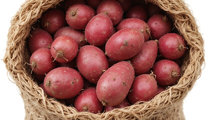Red potato tubers in a sack, isolated on white background.
