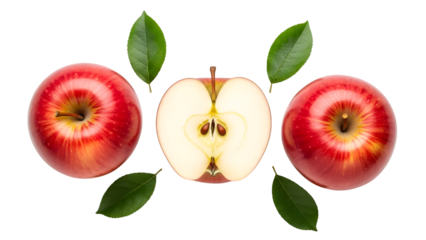 Fresh Red Apples One Halved With Green Leaves On Black Background