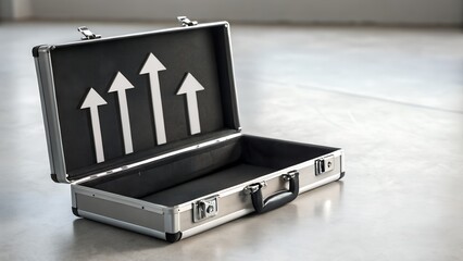 Open silver briefcase with white upward arrows inside representing business growth and financial success, AI generated