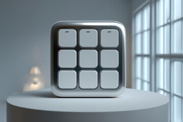 Modern minimalist smart lock keypad with brushed metal frame on pedestal display