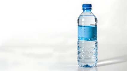 Clear plastic bottle of pure drinking water on a white reflective background, hydration and healthy lifestyle, AI generated