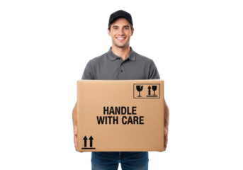 Young caucasian man in grey polo, jeans, smiling directly, confidently holding brown box with "HANDLE WITH CARE" text, fragile symbols, on stark white studio background, concept of professional