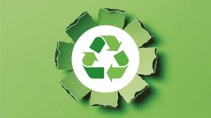 Eco friendly recycling symbol on torn green paper background